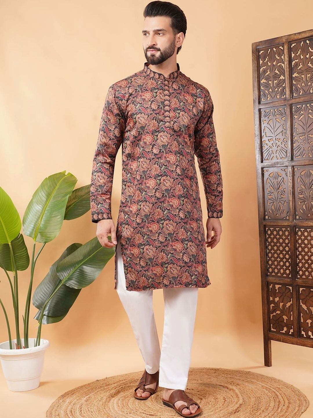 ADHIRAJAN Men Floral Printed Floral Satin Blend Kurta-picture-45