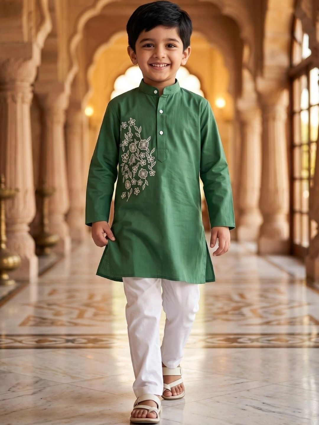 Aj DEZInES Boys Floral Embroidered Regular Thread Work Pure Cotton Kurta with Pyjamas-picture-17