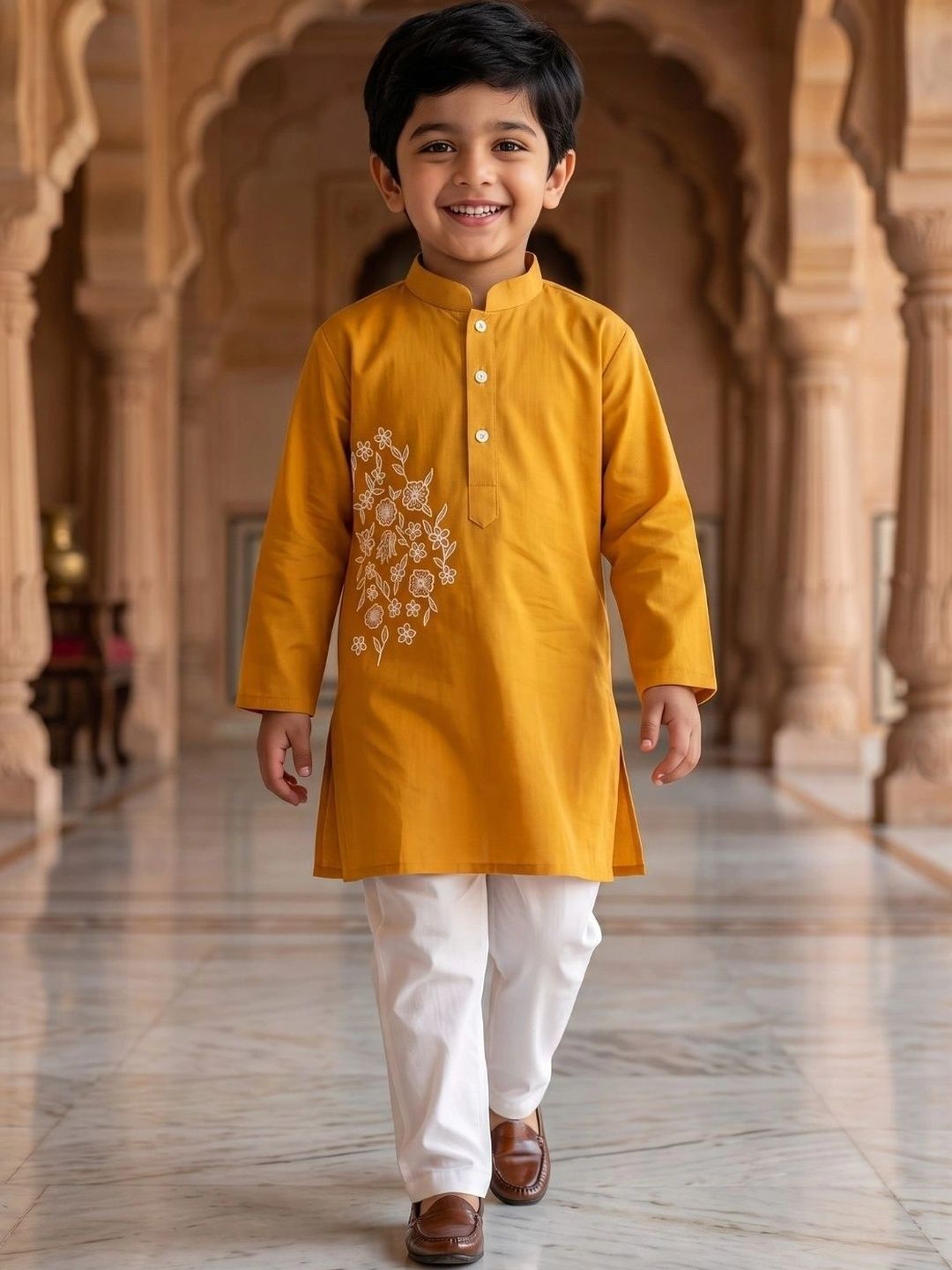 Aj DEZInES Boys Floral Embroidered Regular Thread Work Pure Cotton Kurta with Pyjamas-picture-23