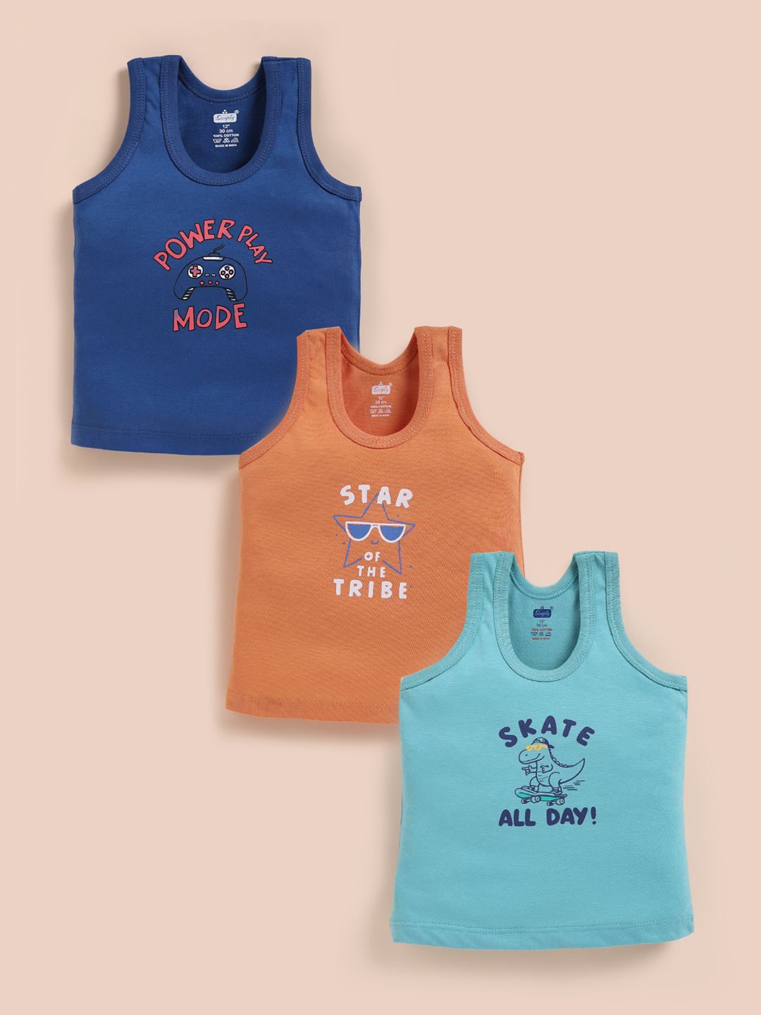 Simply Boys Pack of 3 Printed Pure Cotton Basic Vests-picture-38