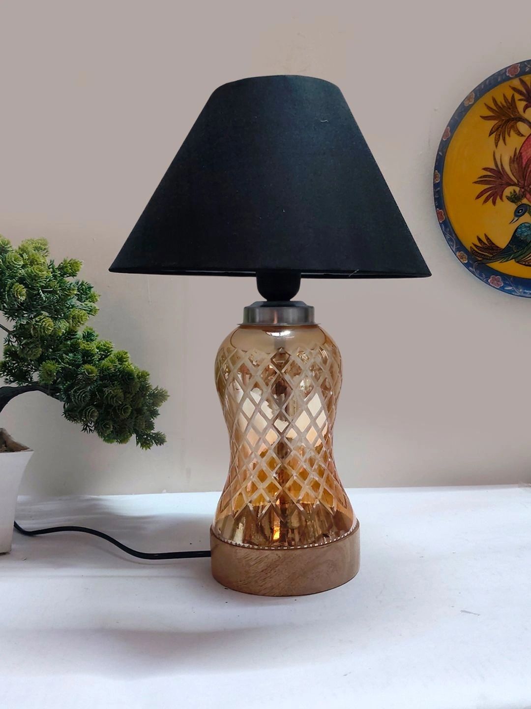Myntra Elegant Homes Black Textured Glass Traditional Frusturical Shaped Table Lamp-picture-29