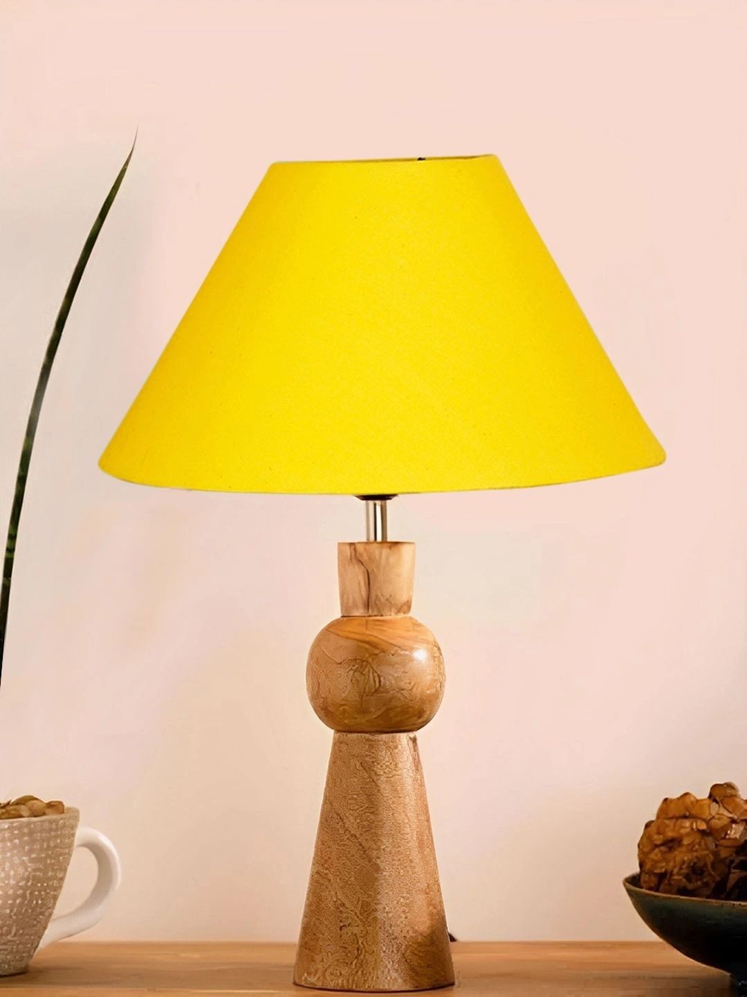 Myntra Elegant Homes Yellow Wood Traditional Frusturical Shaped Table Lamp-image-30