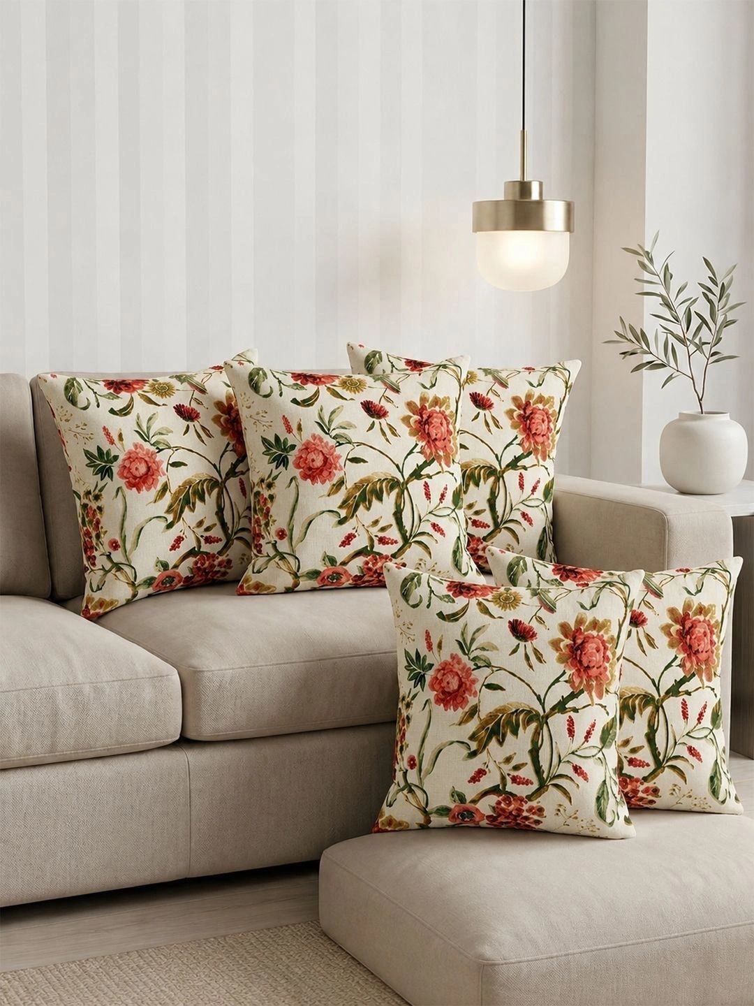 Aura Cream-Coloured & Pink Set of 5 Floral Square Cushion Covers-image-9