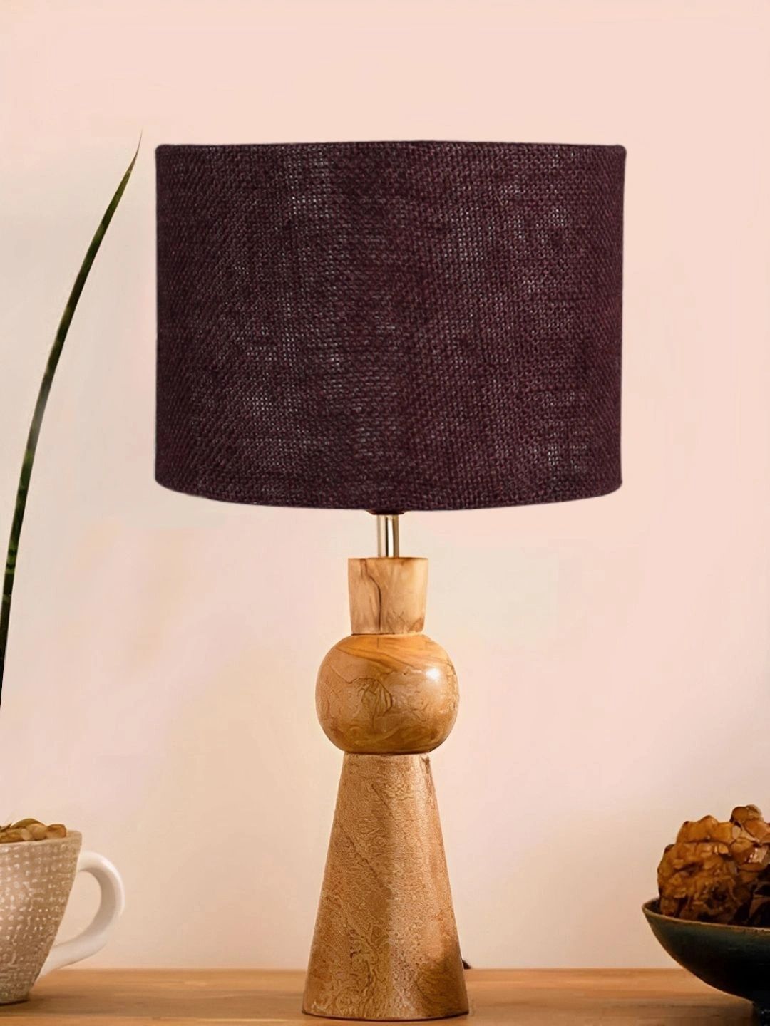 Myntra Elegant Homes Brown Textured Wood Traditional Cylindrical Shaped Table Lamp-image-19