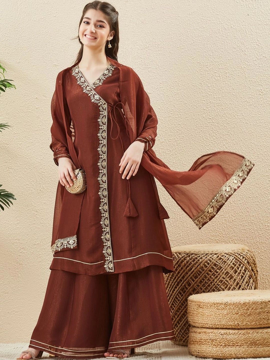 CurlyTales Girls Ethnic Motifs Embroidered Angrakha Pure Silk Kurta with Sharara & With Dupatta-picture-24