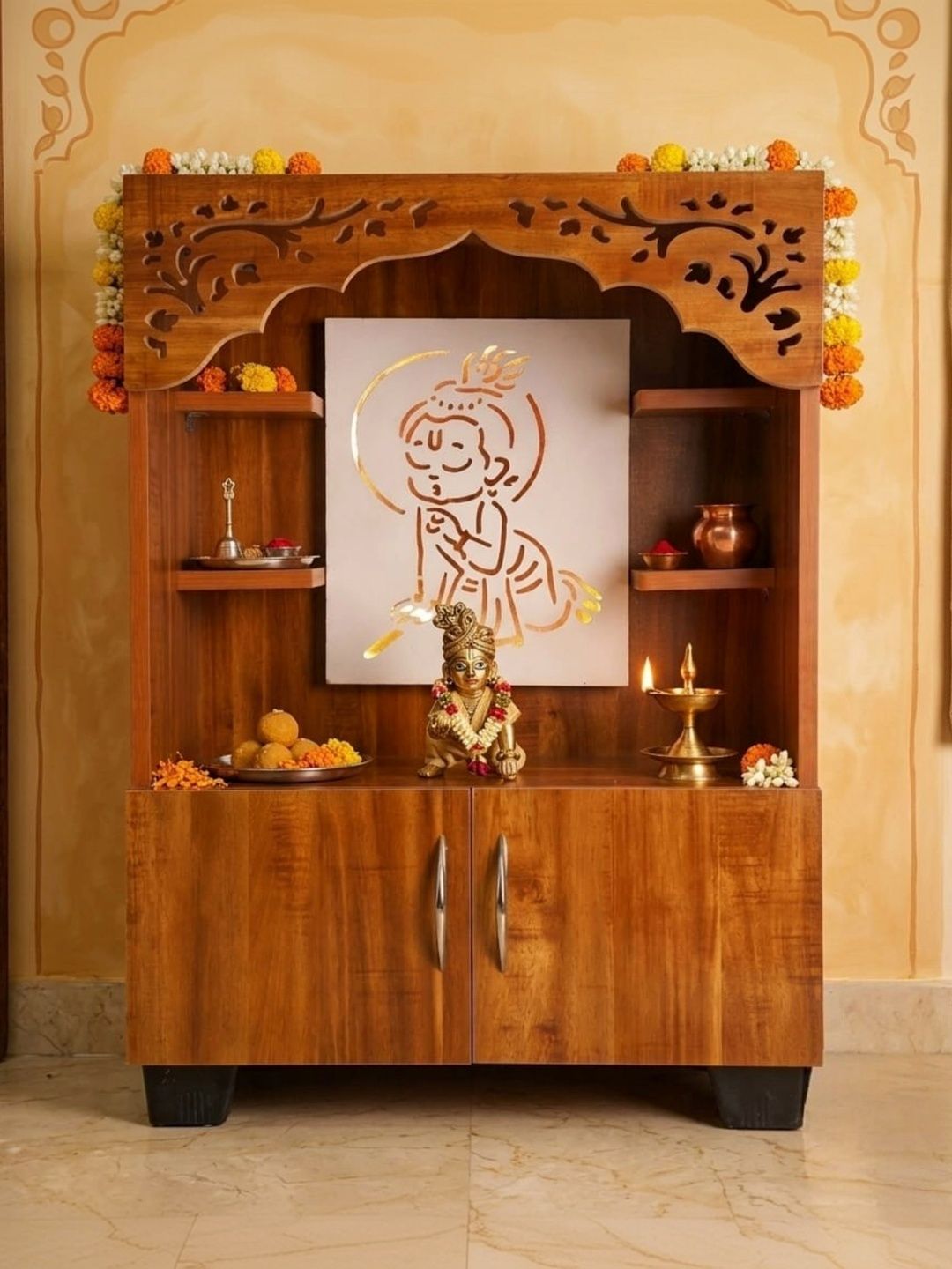 Old Wolf Furniture Brown Free Standing Laddu Gopal Home Temple With LED Storage-picture-39