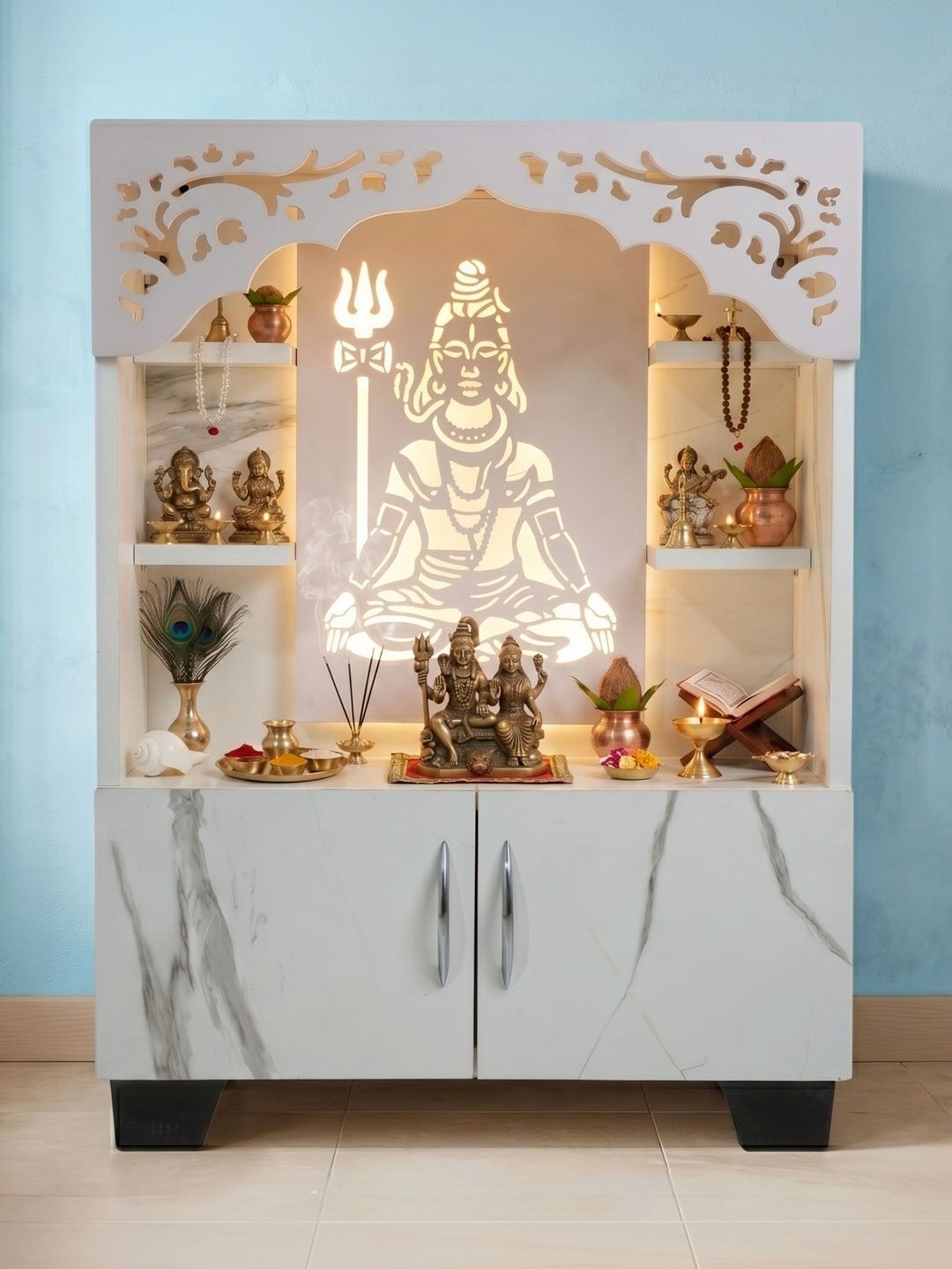 Old Wolf Furniture White Engineered Wood Mandir LED Storage Home Temple-picture-27