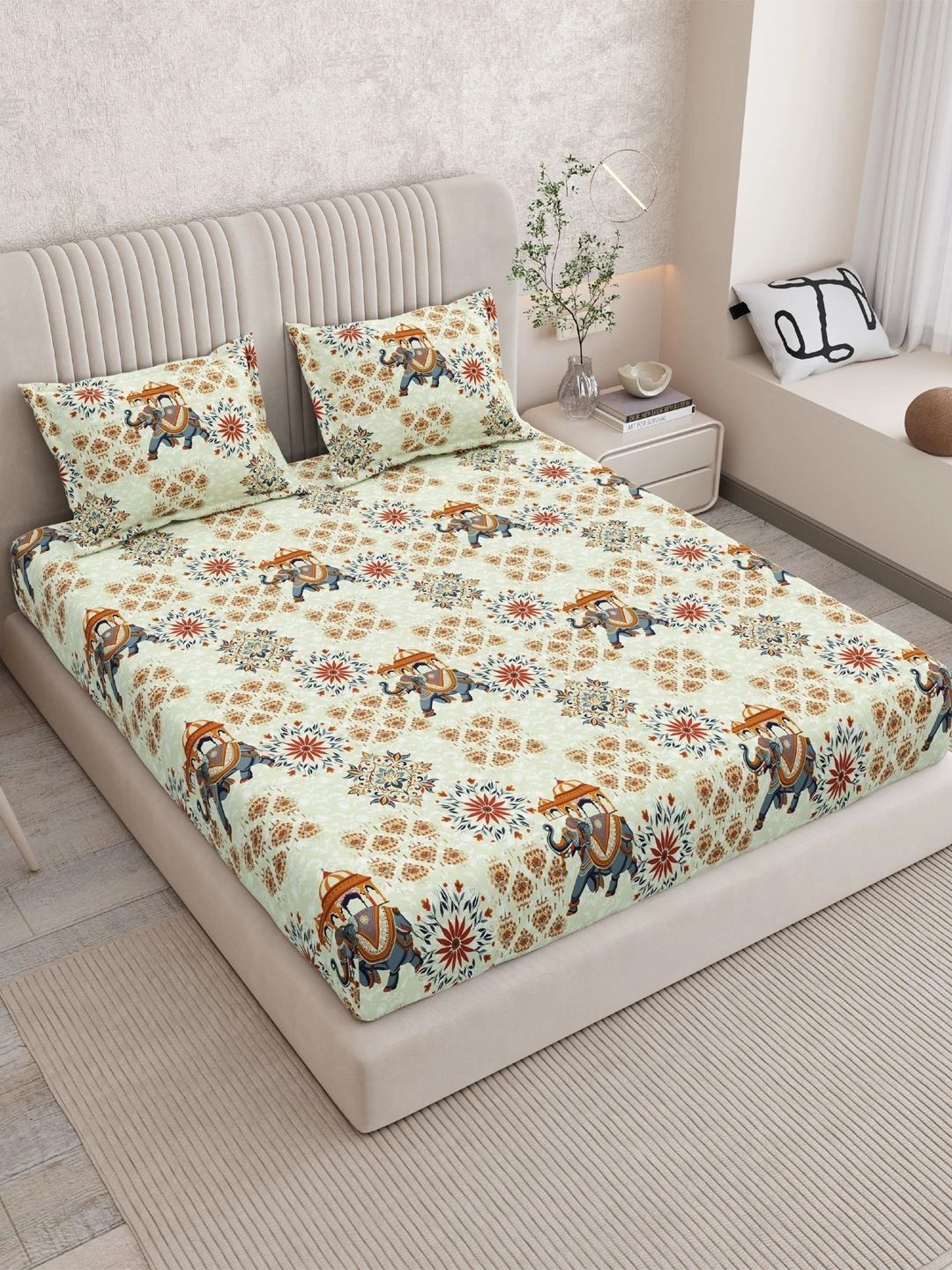 Sangria Orange Floral 120 TC King Bedsheet with 2 Pillow Covers-picture-23