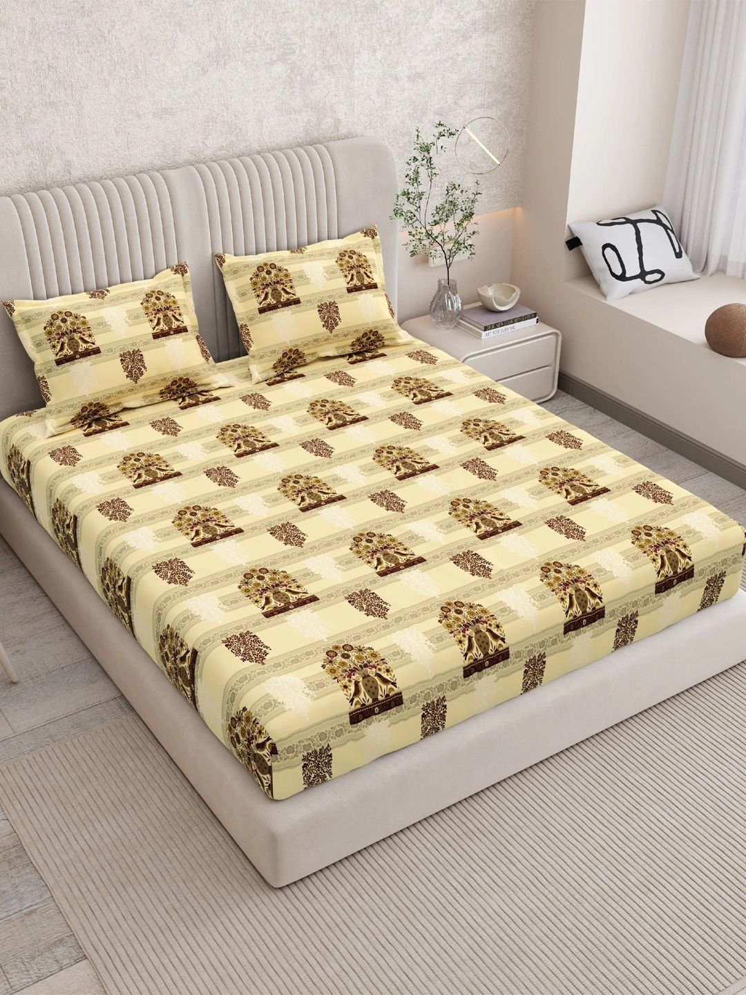 Sangria Brown & Yellow Floral 120 TC King Bedsheet with 2 Pillow Covers-picture-20