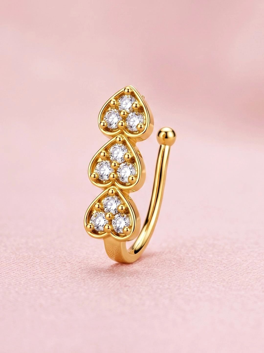 ADIVA Gold-Plated White AD Stone Triple Heart Clip-On Nose Pin-picture-35