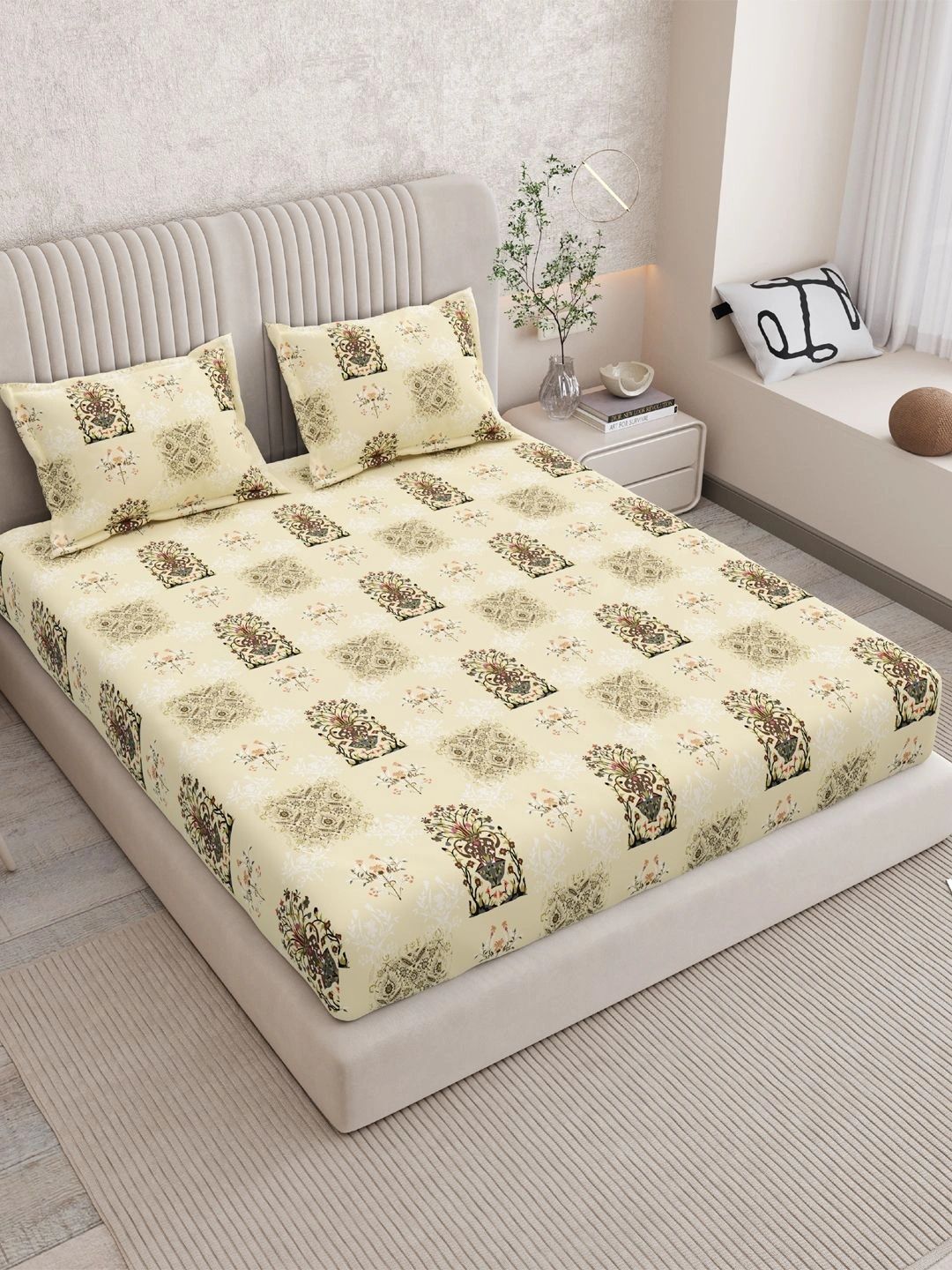 Sangria Brown Floral 120 TC King Bedsheet with 2 Pillow Covers-picture-25