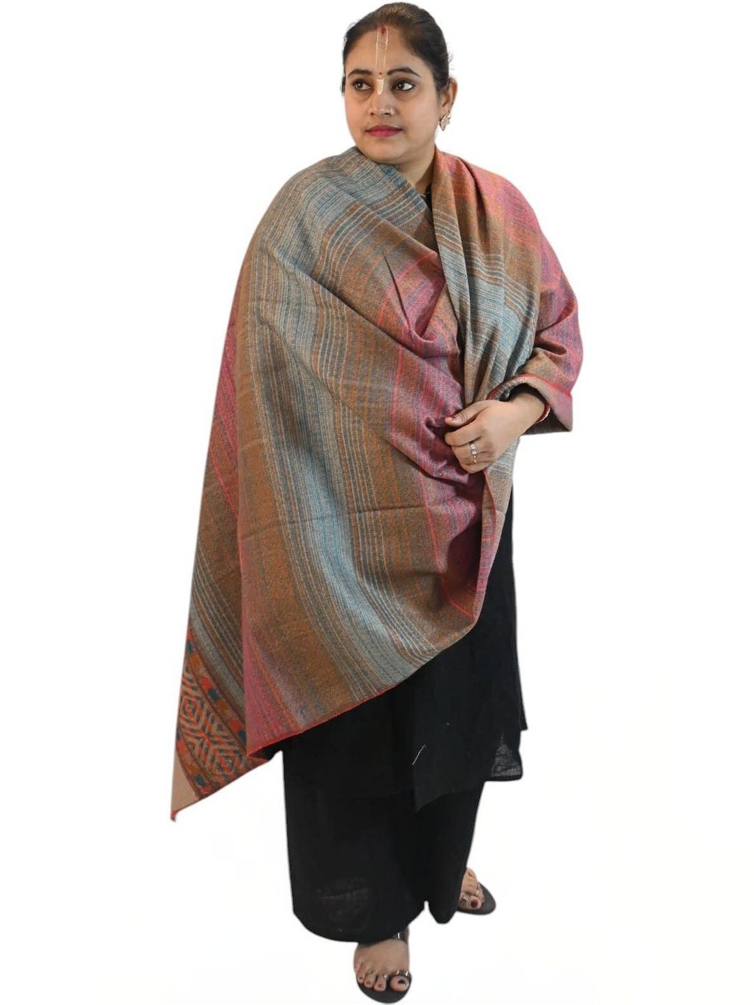 KAVIM Women Striped Woven Design Shawl-image-33