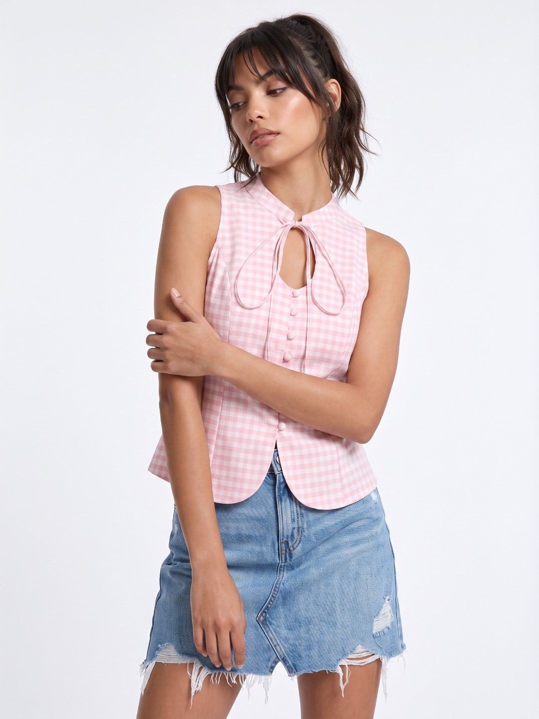glitchez Checked Tie-Up Neck Top-picture-57