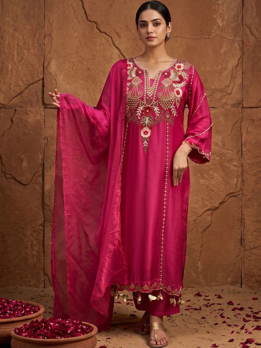 House of Pataudi Women Floral Embroidered Regular Chanderi Cotton Kurta with Trousers & With Dupatta-picture-19