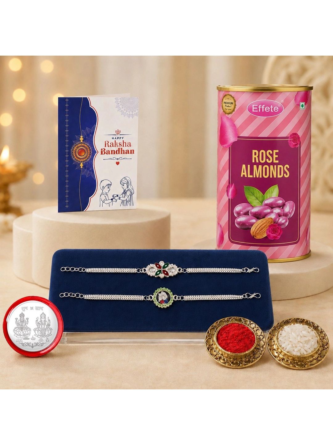DeoDap Set Of 7 Rakhi With Silver Coin Roli Chawal Greeting Card & Chocolate Gift-image-16