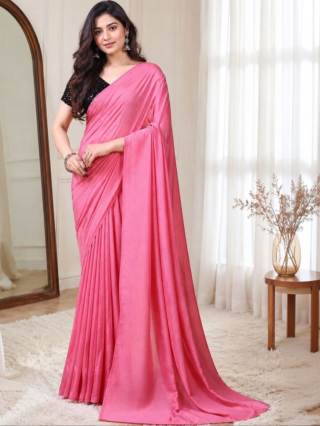 Women's Light Pink Viscose Silk Saree with Black Sequin Blouse Piece | Solid Shimmer Saree | Party & Reception Wear-image-3