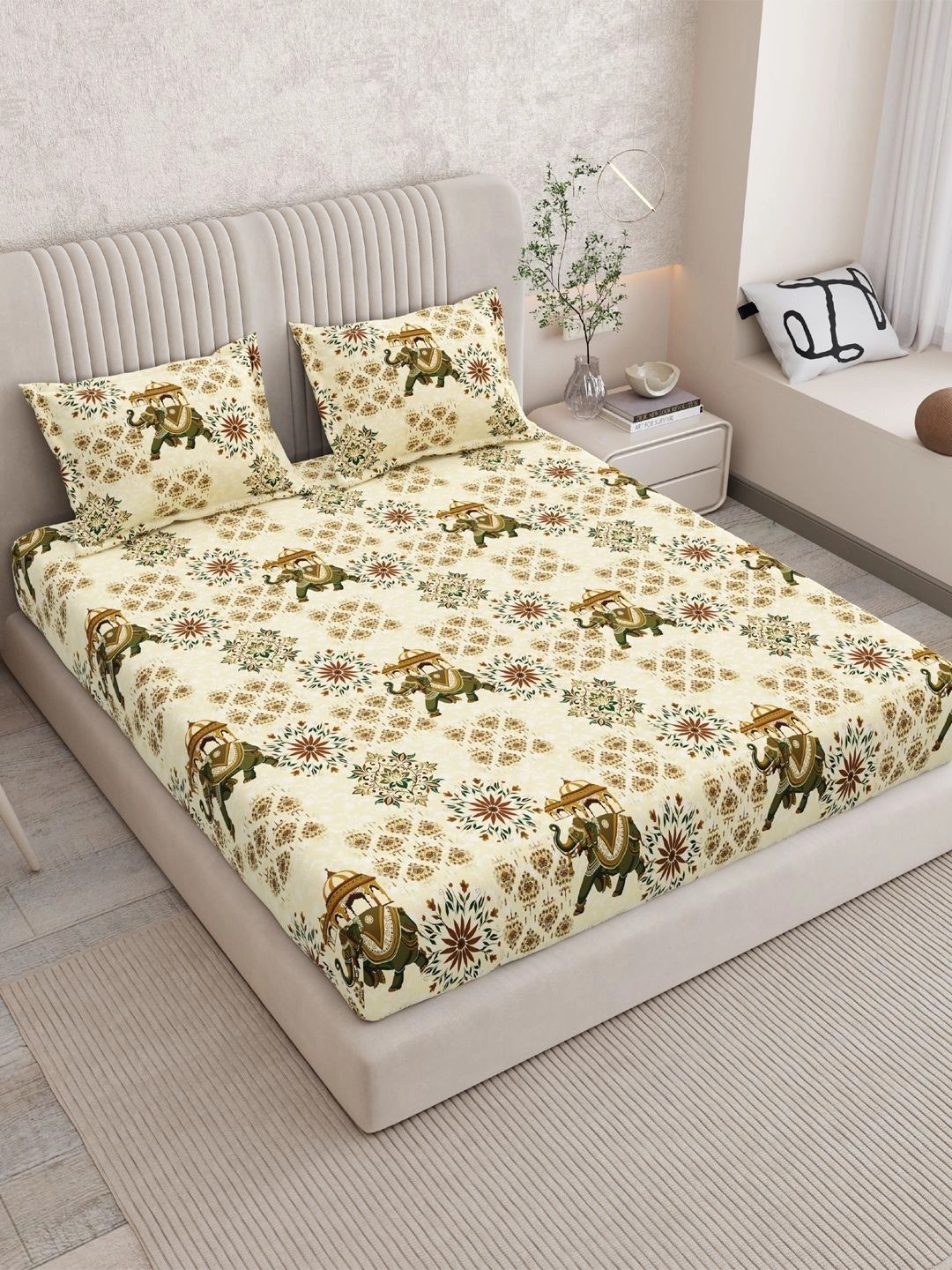Sangria Green & Brown Floral 120 TC King Bedsheet with 2 Pillow Covers-picture-39