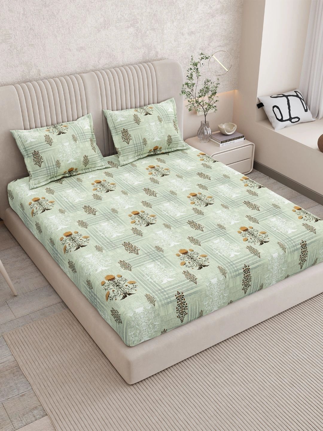 Sangria Green Floral Printed Soft Feel 120 TC King Superfine Bedsheets-picture-57