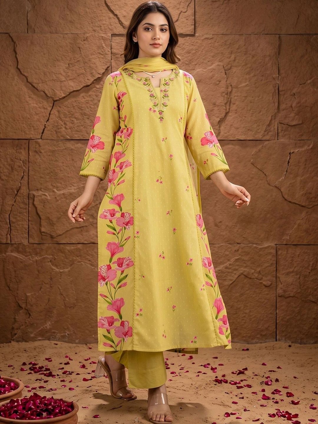 House of Pataudi Women Floral Printed Regular Thread Work Kurta with Trousers & With Dupatta-picture-15