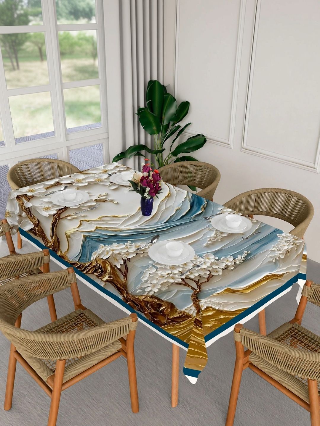 HOLLYWOOD STYLES Cream-Coloured Floral 6-Seater Table Cover with Textured details-image-26