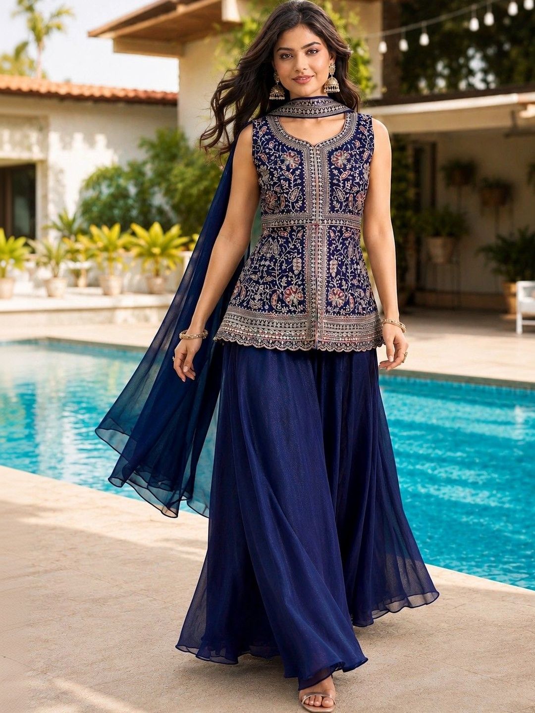 HERE&NOW Women Floral Embroidered Regular Thread Work Kurta with Sharara & With Dupatta-picture-48