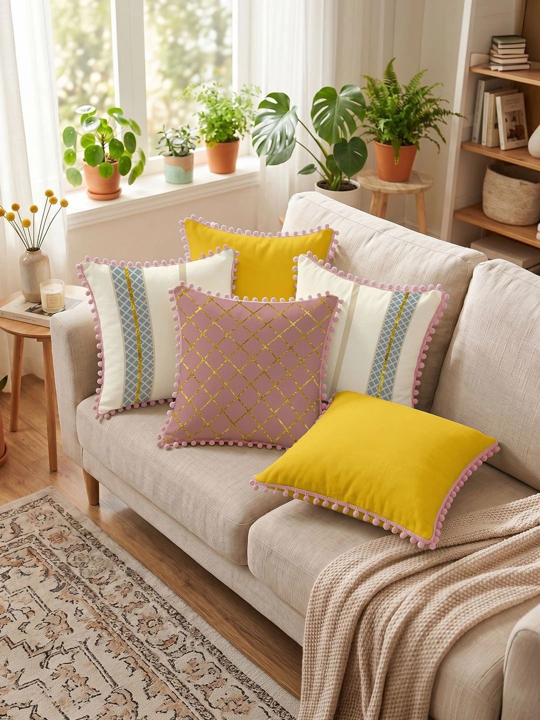URBAN SPACE Pink & Yellow Set of 5 Floral Square Cushion Covers-picture-30