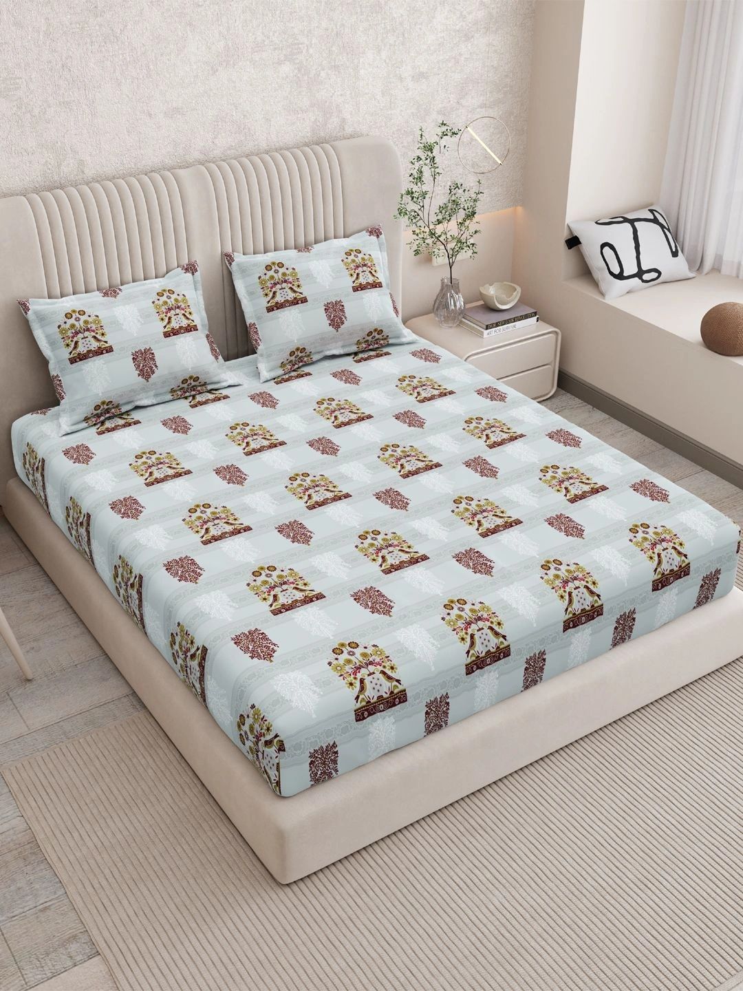 Sangria Yellow & Red Floral 120 TC King Bedsheet with 2 Pillow Covers-picture-42