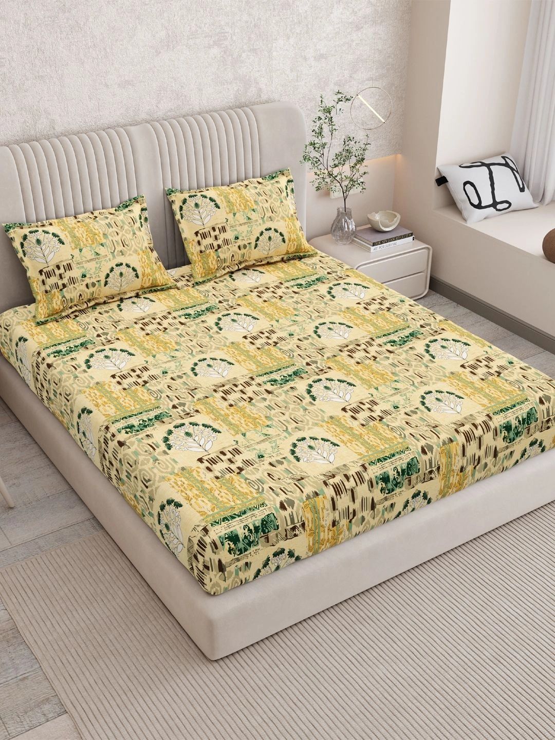 Sangria Yellow & Green Floral 120 TC King Bedsheet with 2 Pillow Covers-image-9