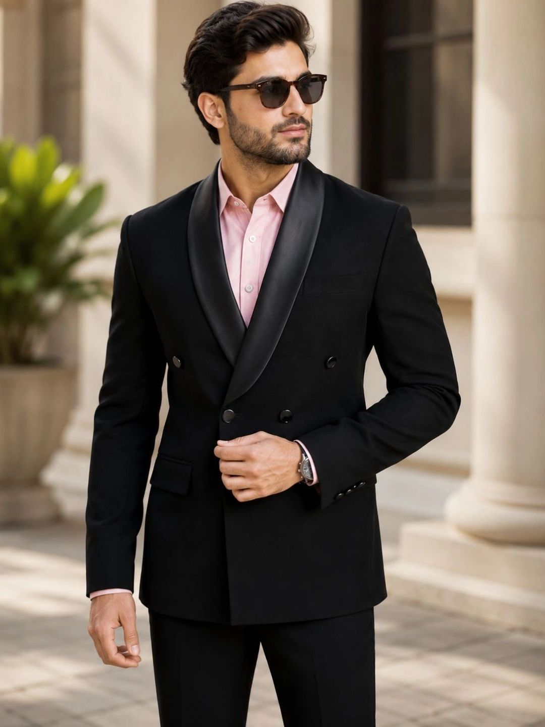 SOURAGYA Shawl Collar Double-Breasted Tailored Fit Blazers-picture-19