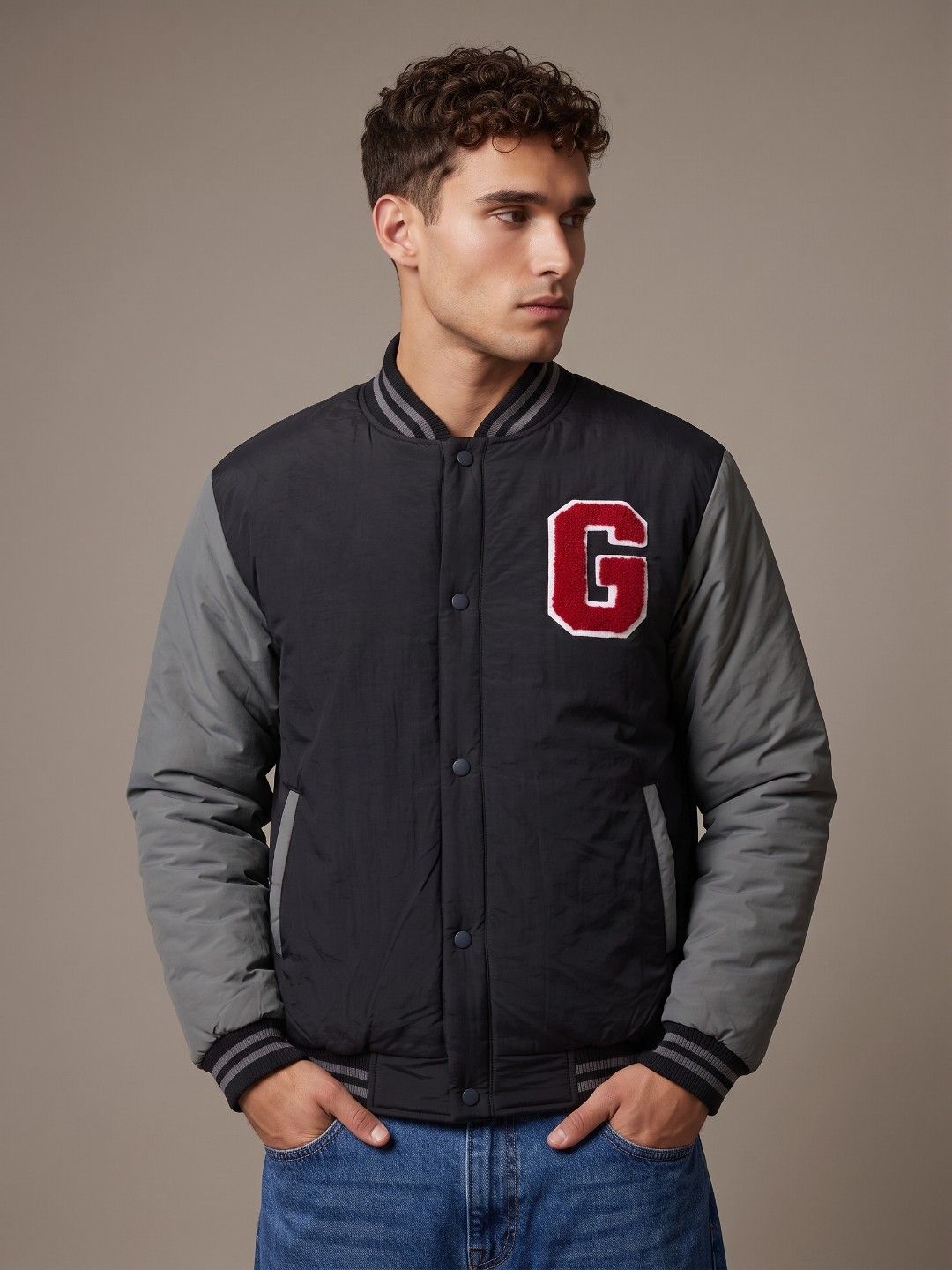 glitchez Typography Applique Stand Collar Relaxed Fit Bomber Jacket-picture-44