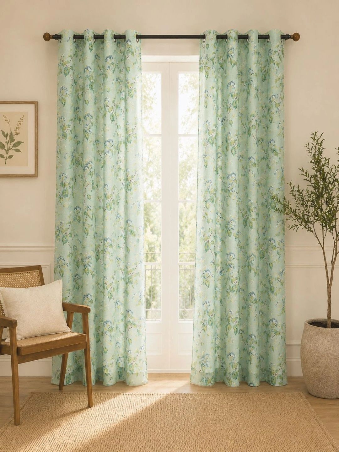 Aura Green & Blue Set of 2 Floral Sheer Long Door Curtain-picture-37