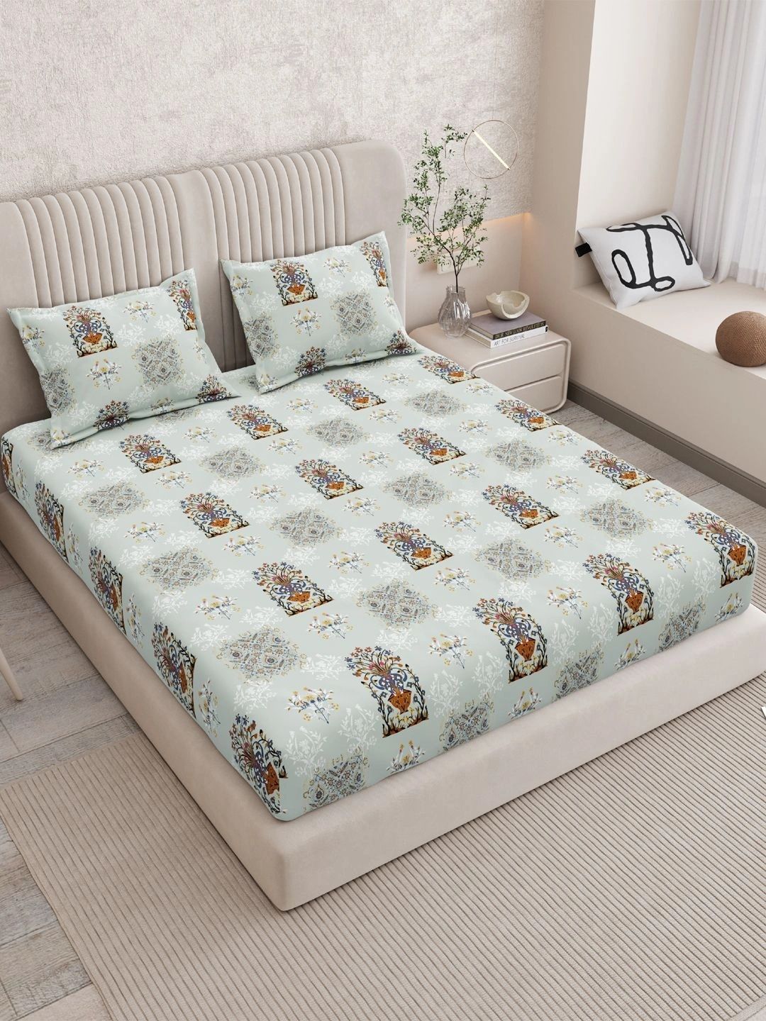 Sangria Blue Floral 120 TC King Bedsheet with 2 Pillow Covers-picture-40