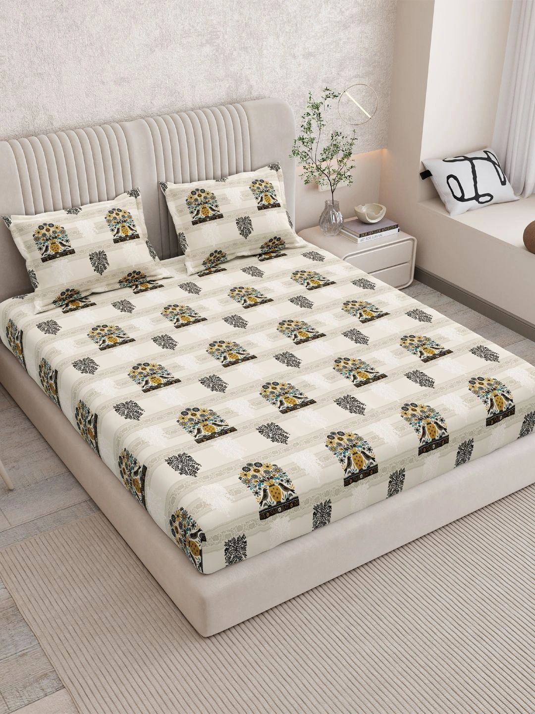Sangria Blue & Black Floral 120 TC King Bedsheet with 2 Pillow Covers-image-8