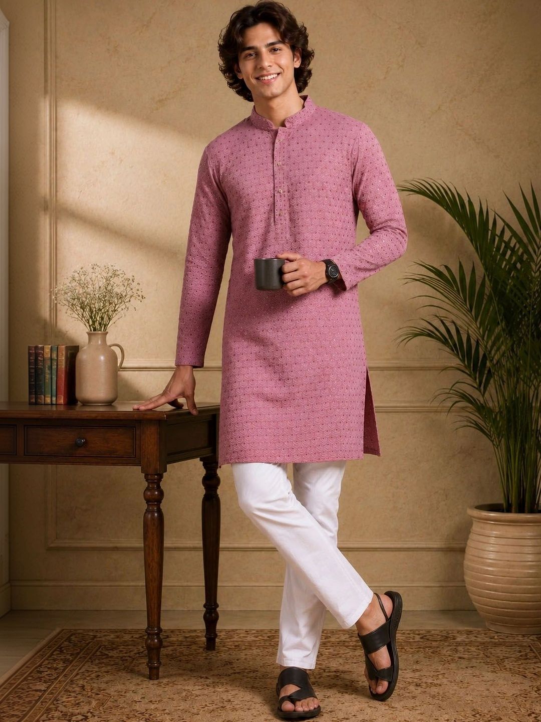 anouk Dusty Rose Pink Self-Embroidered Viscose Kurta-picture-58