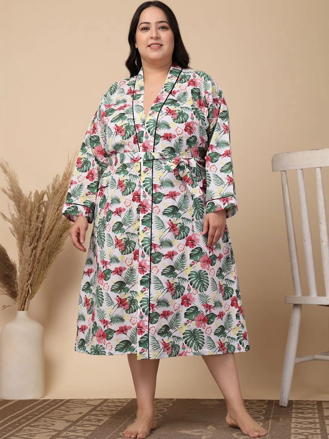 Myntra Elegant Homes Floral Printed Pure Cotton Bath Robe With Belt-image-15