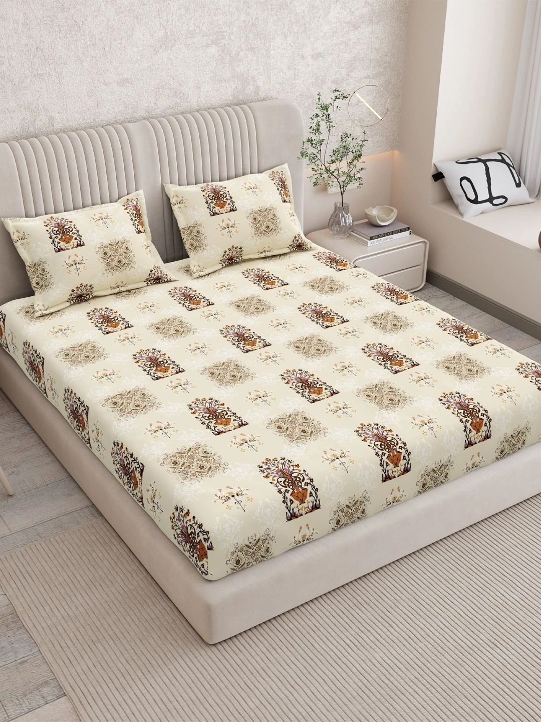 Sangria Green & Brown Floral 120 TC King Bedsheet with 2 Pillow Covers-picture-21