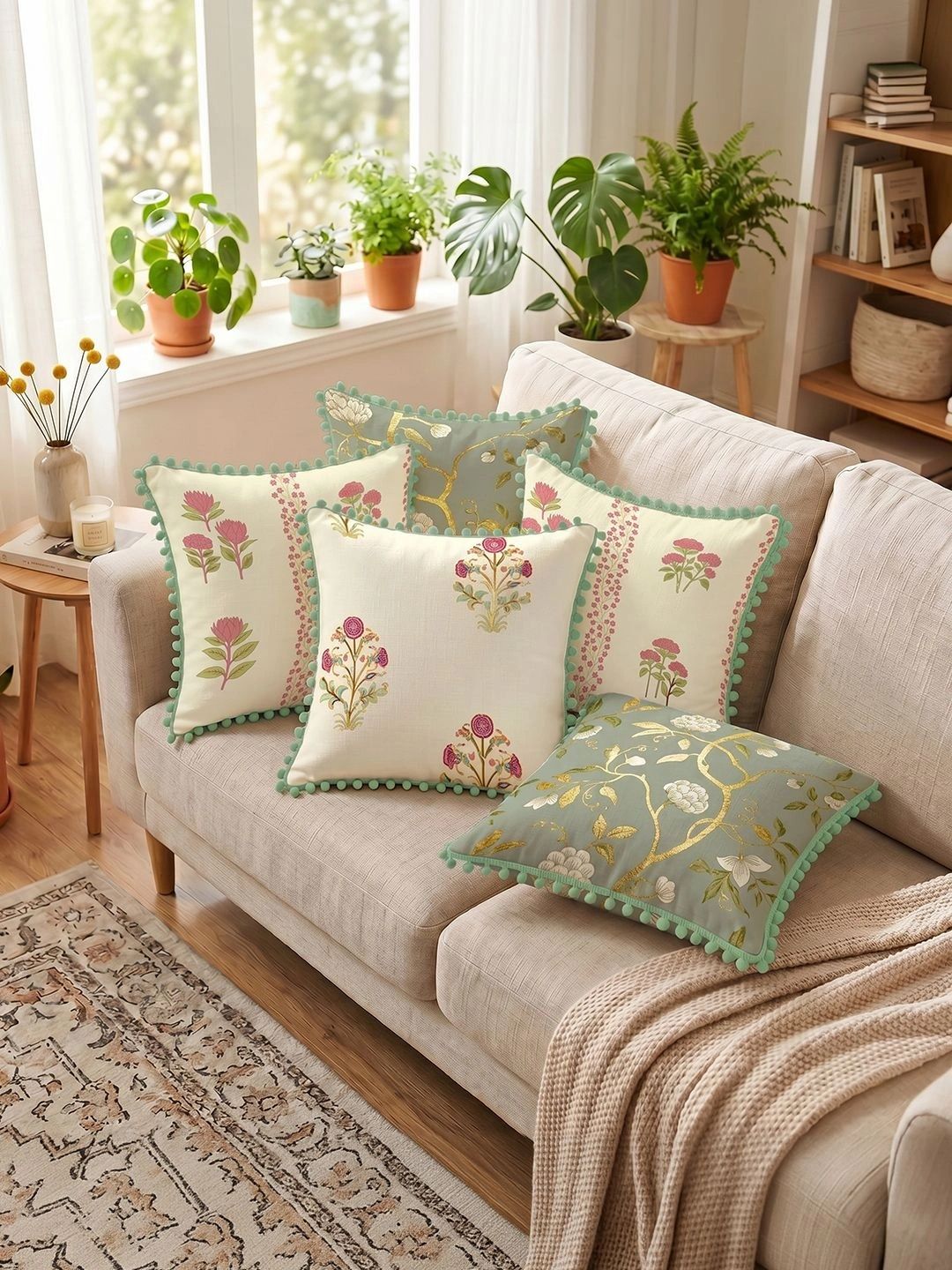 URBAN SPACE Pink & Green Set of 5 Floral Square Cushion Covers-picture-44