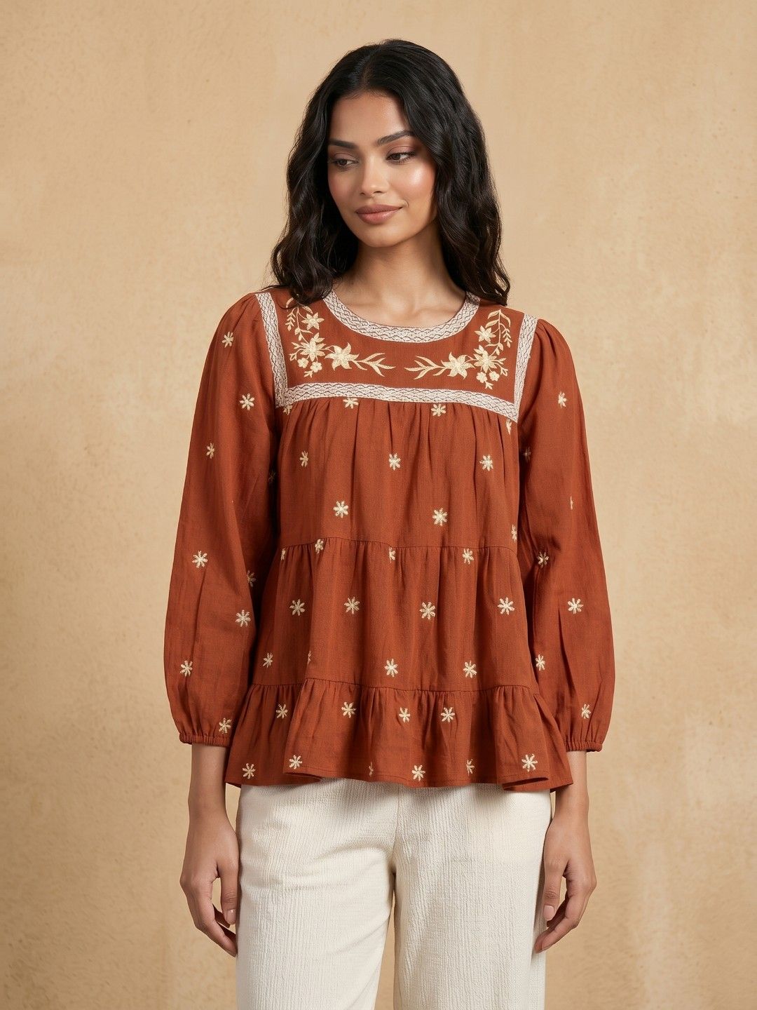 fusion by glitchez Floral Embroidered Puff Sleeve Cotton-Line Relaxed A-Line Tiered Top-picture-46