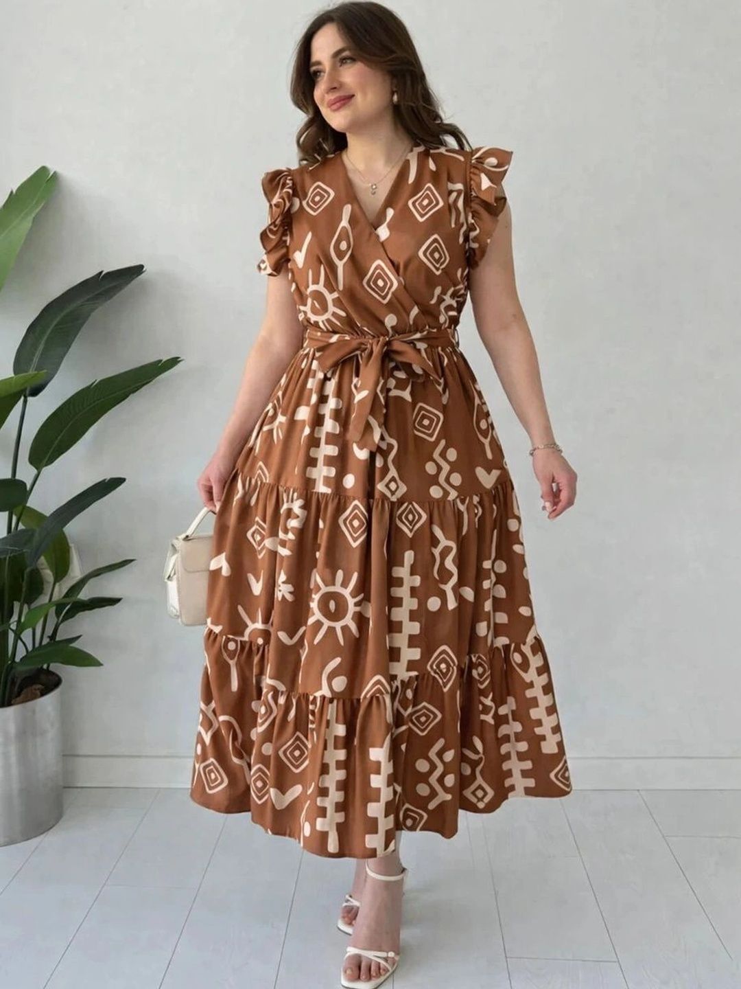ZWERLON Tribal Printed Flutter Sleeve A-Line Midi Dress-picture-18