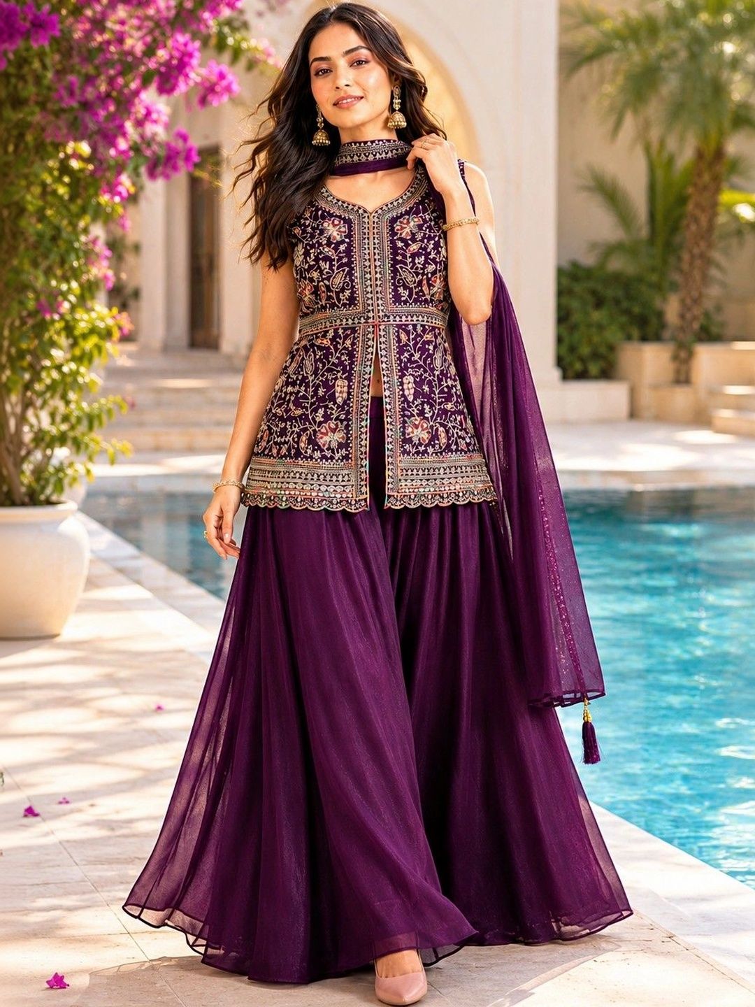HERE&NOW Women Ethnic Motifs Embroidered Regular Thread Work Kurta with Sharara & With Dupatta-picture-32