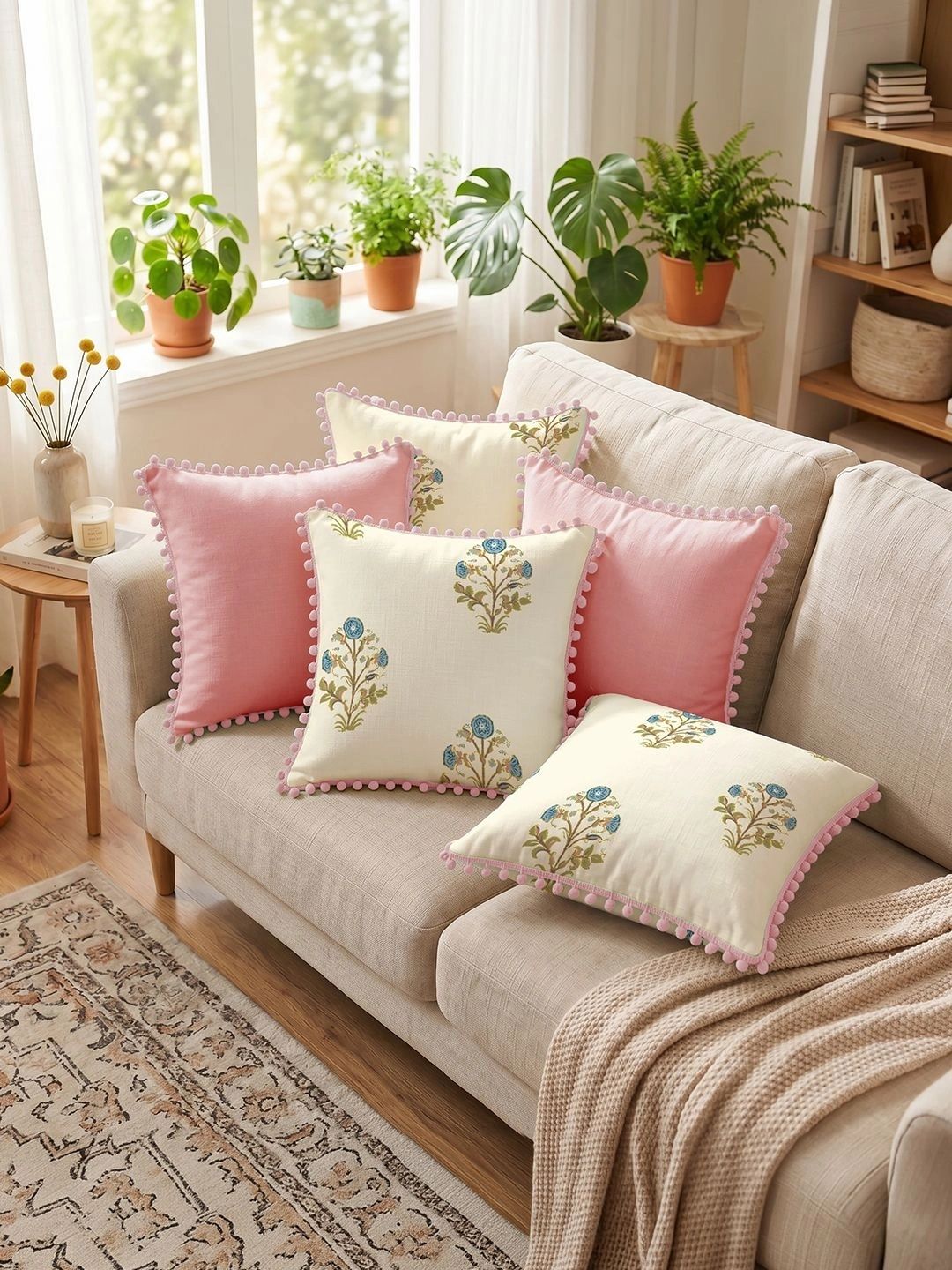 URBAN SPACE Pink & Blue Set of 5 Floral Square Cushion Covers-picture-16