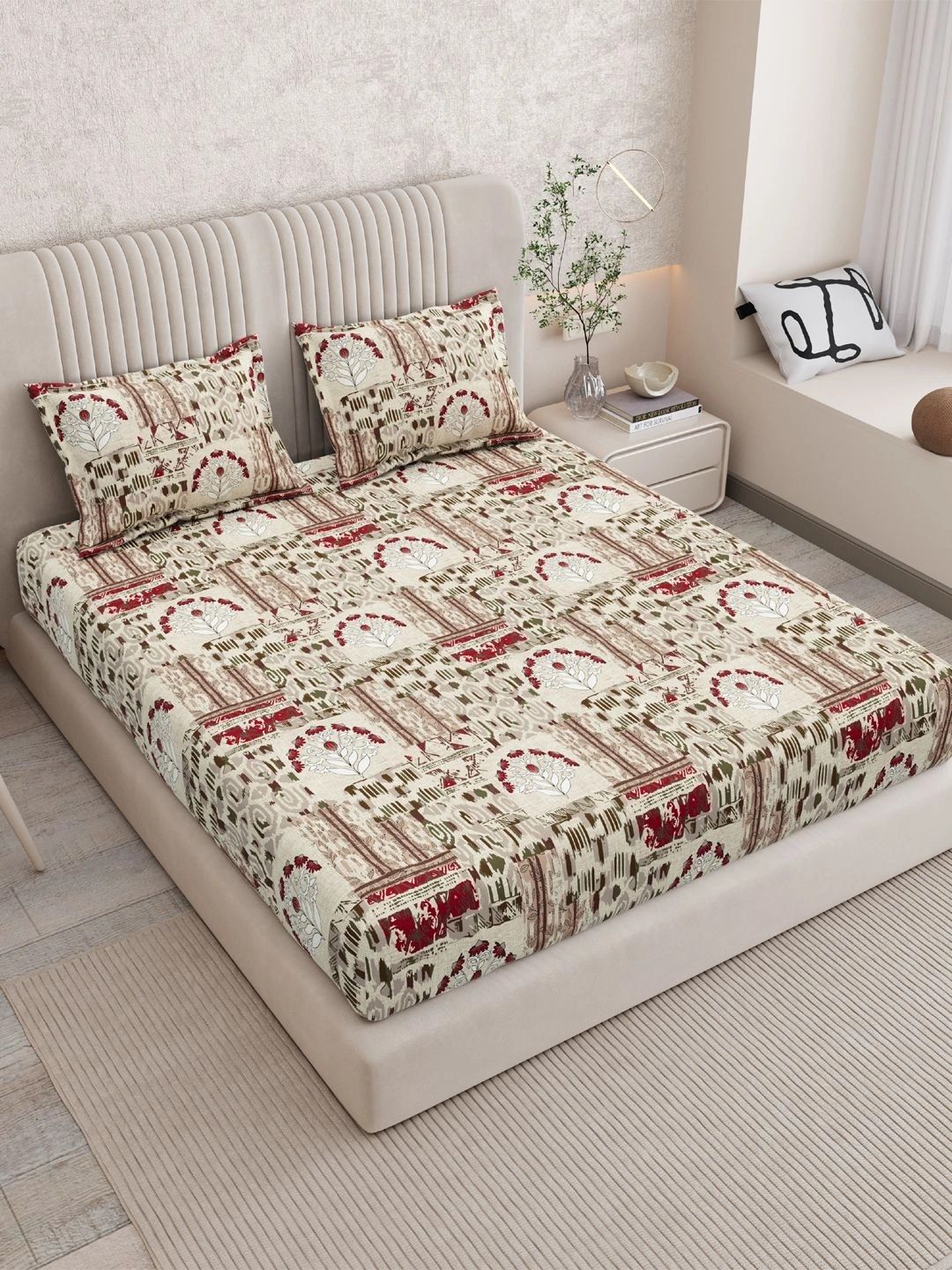 Sangria Maroon & Green Floral 120 TC King Bedsheet with 2 Pillow Covers-picture-24