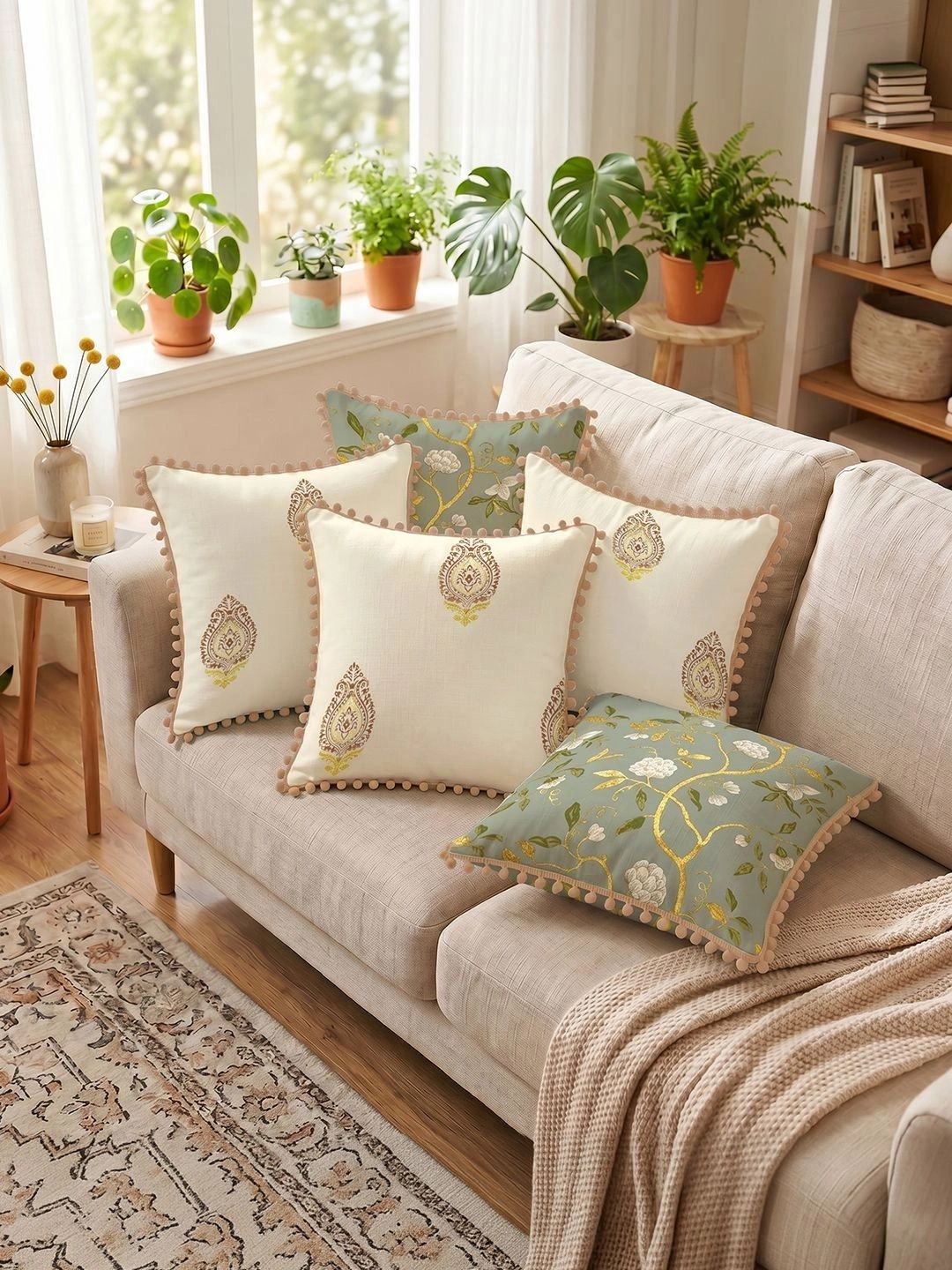 URBAN SPACE Green & Gold-Toned Set of 5 Floral Square Cushion Covers-picture-10