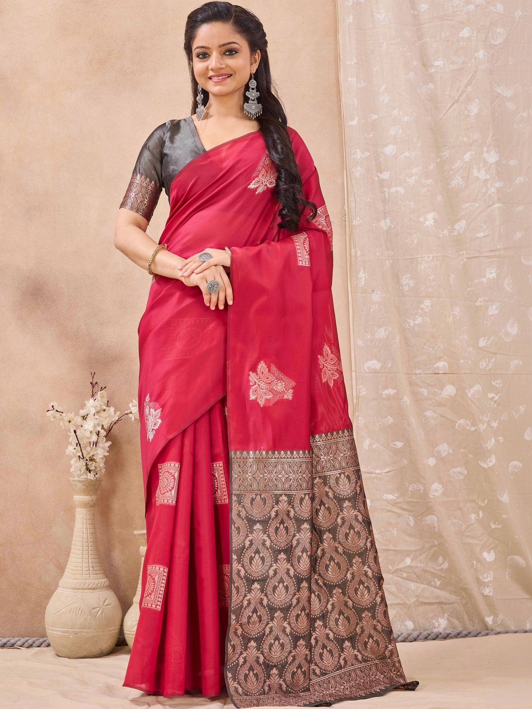 HERE&NOW Woven Design Zari Silk Cotton Banarasi Saree-picture-33
