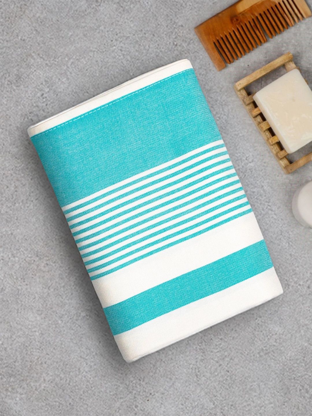 ZAHYA Turquoise Blue & White 1 Striped Bamboo 250 GSM Bath Towel-image-16