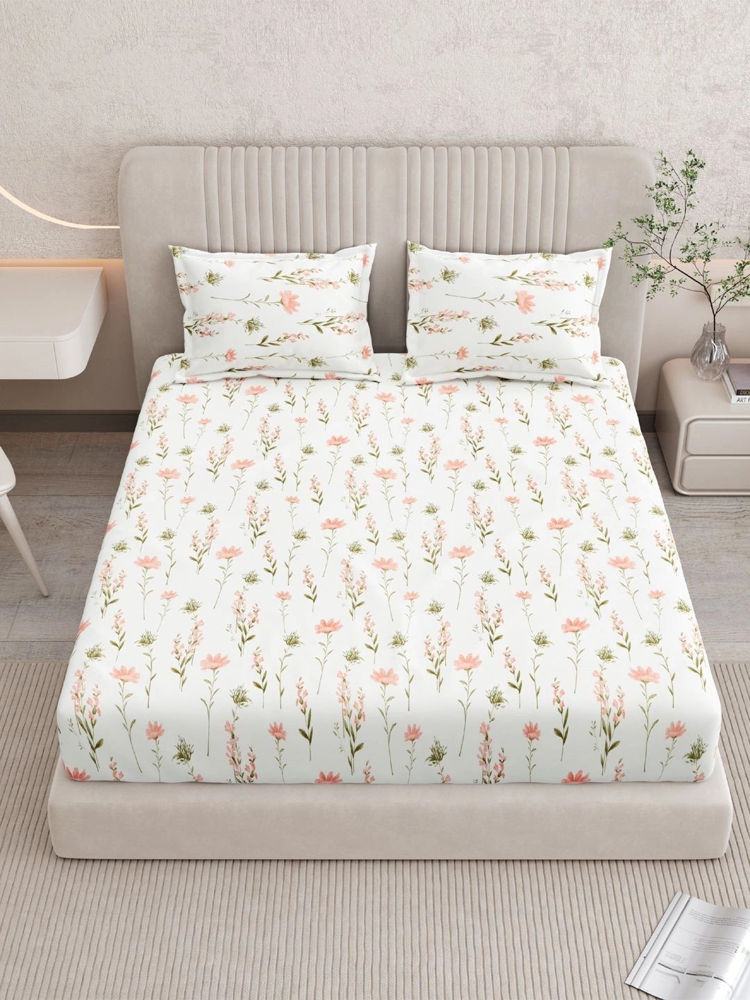 Sangria White & Pink Floral 210 TC Bedsheet with 2 Pillow Covers-picture-47