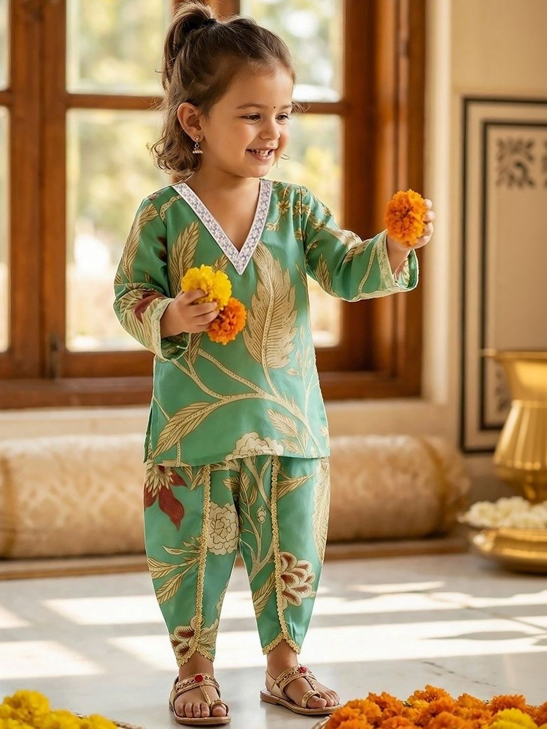 MINI MARVEL Girls Mehendi Leaf Printed Kurta & Dhoti Pants-picture-24
