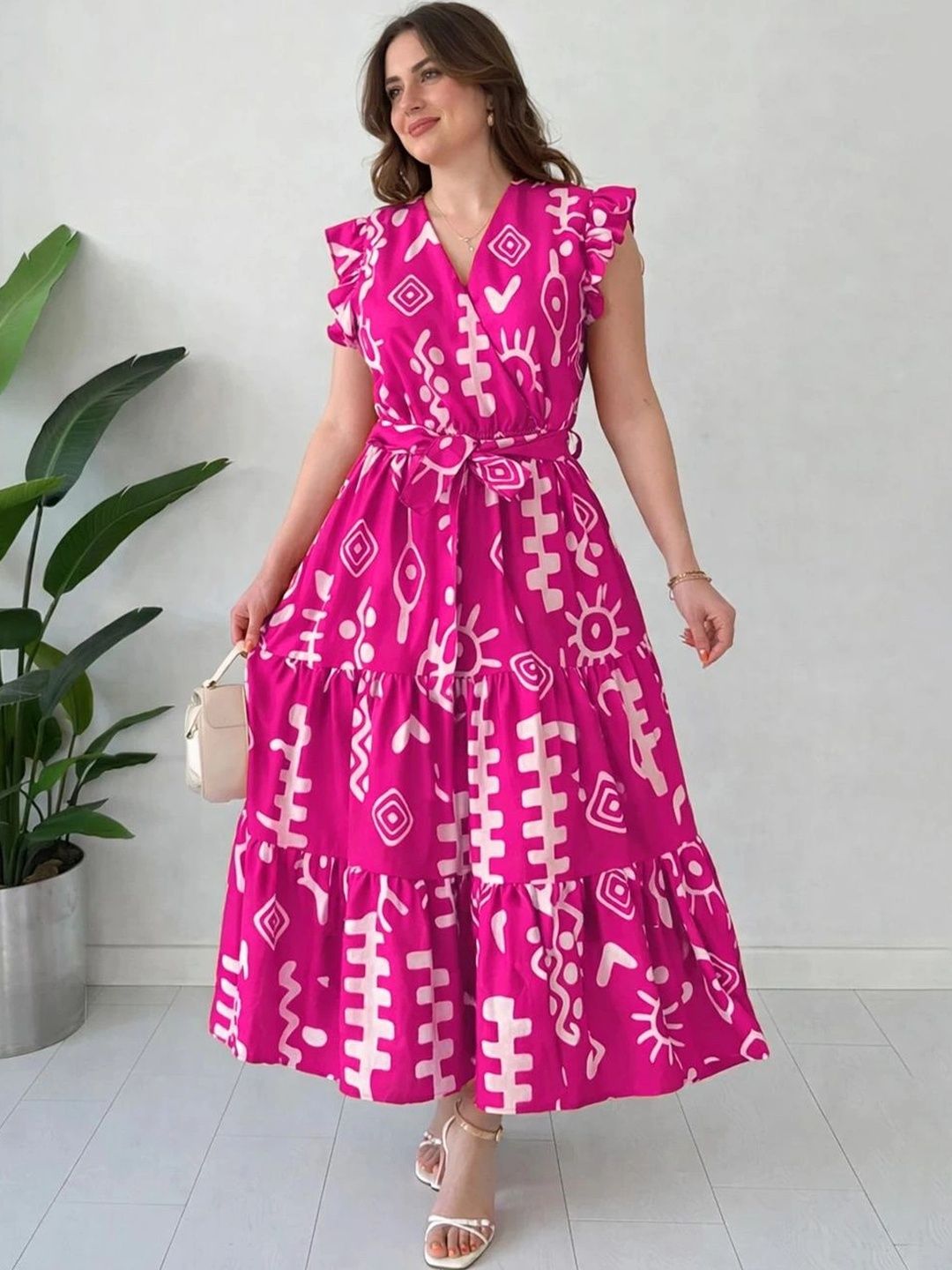 ZWERLON Abstract Printed Flutter Sleeve Ruffled Midi Dress-picture-39