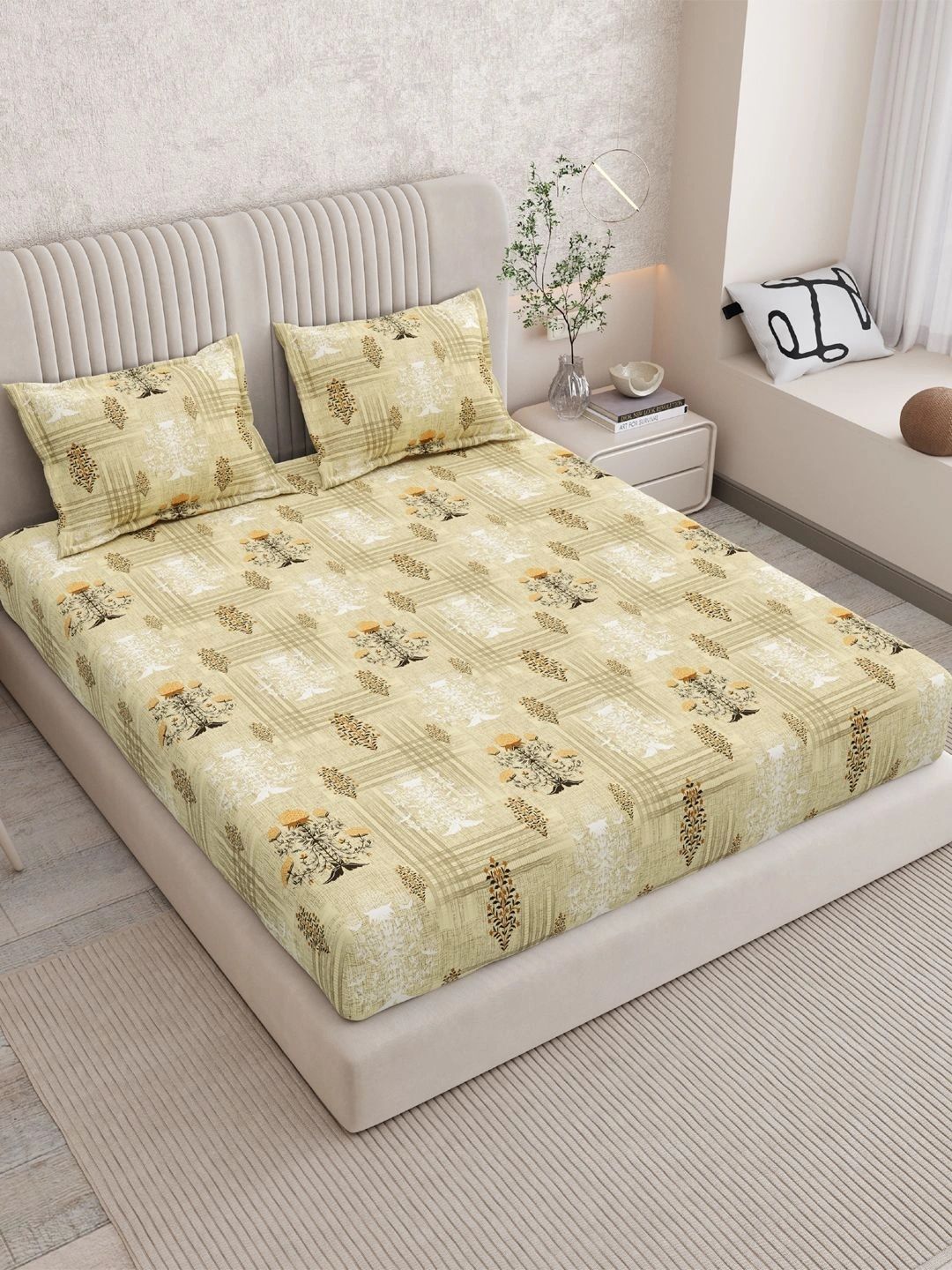 Sangria Yellow & Brown Floral 120 TC King Bedsheet with 2 Pillow Covers-picture-18