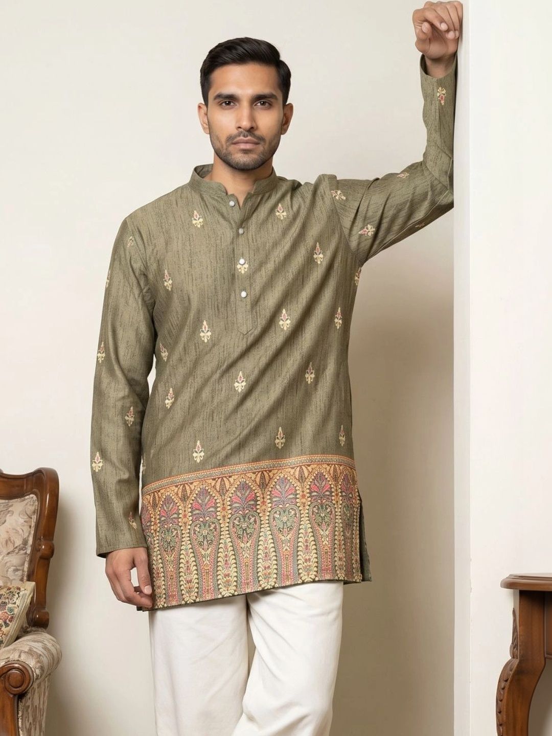 Jompers Men's Cotton Blend Printed Short Kurta